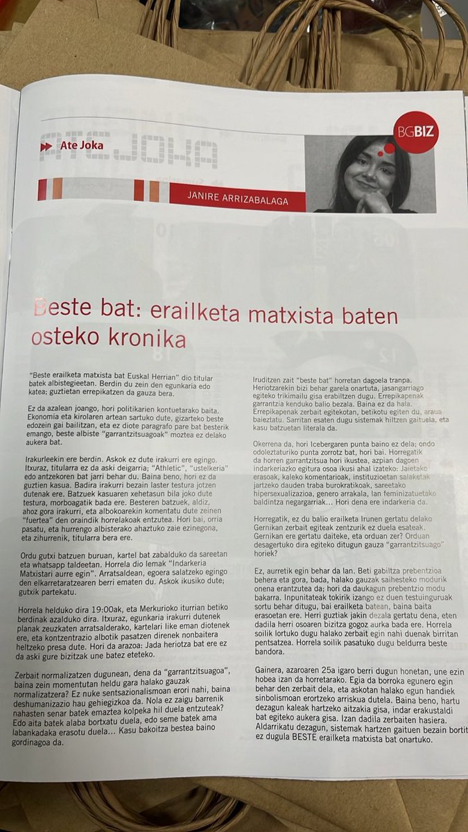 Gure kide Janire Arrizabalagak BAGABIZ aldizkarian idatzitako iritzi artikulua✏️