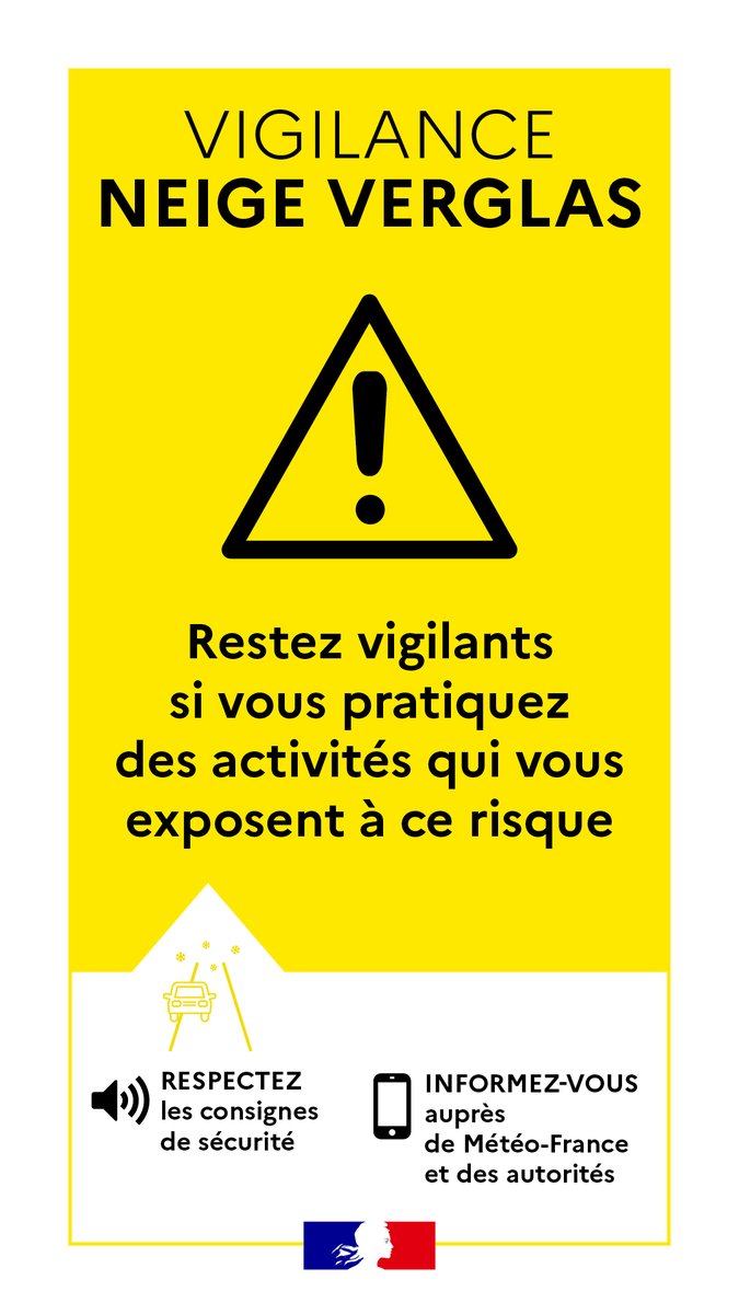 Vigilance jaune | Neige-verglas
<a href="/meteofrance/">Météo-France</a> place le département du #Loiret en vigilance jaune neige-verglas à partir du mercredi 24/12 à 19h jusqu'au jeudi 25/12 à 7h.

Soyez vigilant sur la route et restez prudent.