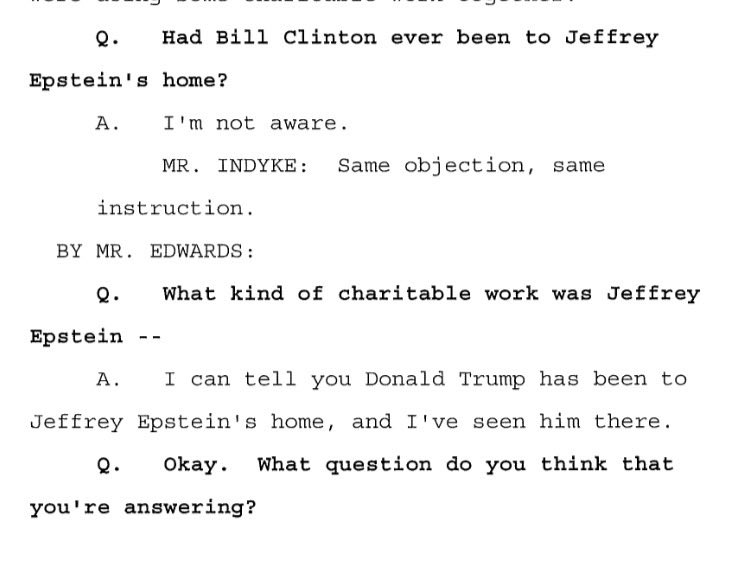 peterjukes's tweet image. So very interesting that in Alan Dershowitz’s deposition in January 2016, there were lots of questions about Clinton, but this volunteered answer about Trump (who was then running for president) was skipped over jmail.world/drive/COURT_ed…