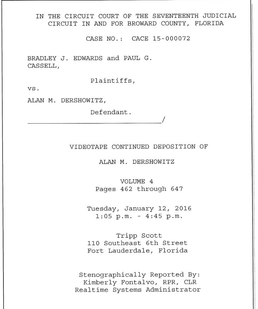 peterjukes's tweet image. So very interesting that in Alan Dershowitz’s deposition in January 2016, there were lots of questions about Clinton, but this volunteered answer about Trump (who was then running for president) was skipped over jmail.world/drive/COURT_ed…