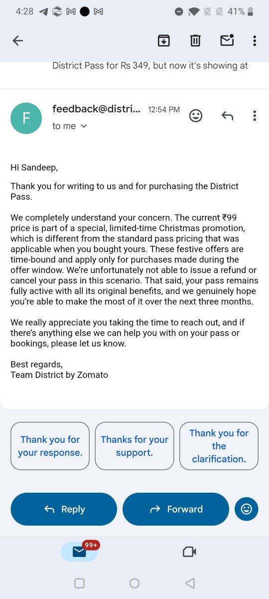 sanddy2010's tweet photo. @district_india Bycott district by zomato app 
They are doing discrimination in name of special offers, few days back purchased district pass @349 &amp; now pass selling @99 in name of Christmas special offer
see screenshot what they are replying
@zomato @deepigoyal @elegantlywasted https://t.co/eA57jz70aG