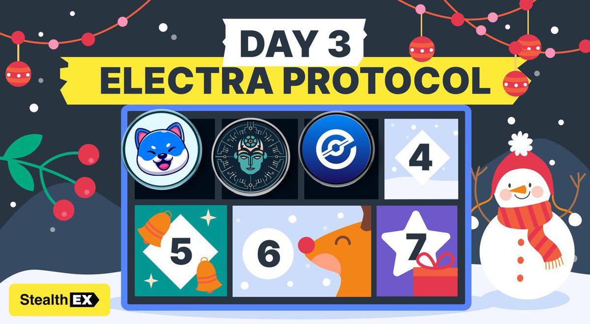 🎄DAY 3 Advent Calendar Treat Is Here🎄

Today we’re teaming up with <a href="/ElectraProtocol/">Electra Protocol</a> to keep the holiday surprises rolling 🎊

Two lucky participants will win 203K $XEP each 😍

How to join the fun:
🎅 Follow <a href="/StealthEX_io/">StealthEX</a> and <a href="/ElectraProtocol/">Electra Protocol</a>
🎁 Like and RT
💬 Share your
