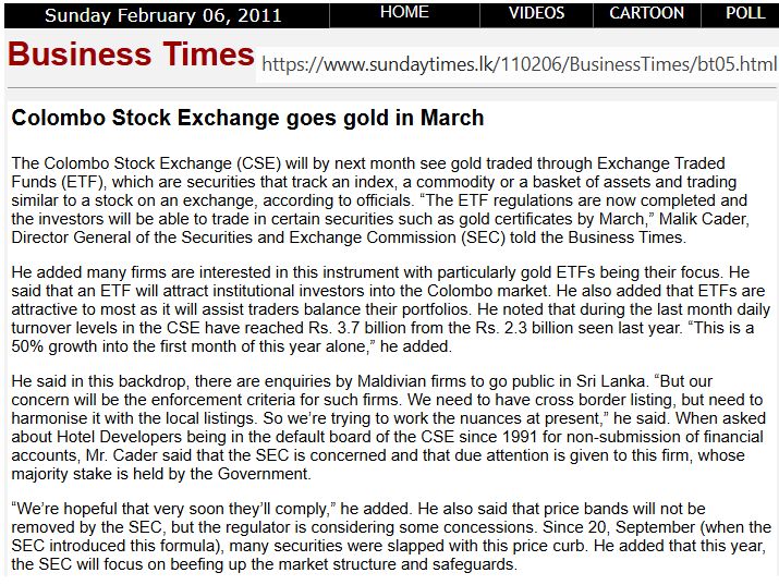 When will #lka have unit trusts and ETFs that invest in gold and silver?

#CSE discussed gold ETFs in 2011, but progress has been slow

The alternative of directly investing in gold/silver coins and jewelry is less liquid and less convenient

<a href="/CSE_Media/">Colombo Stock Exchange</a> <a href="/SEC_SriLanka/">SEC SL - Capital Market Development & Awareness</a> <a href="/UTASriLanka/">Unit Trust Association of Sri Lanka</a>