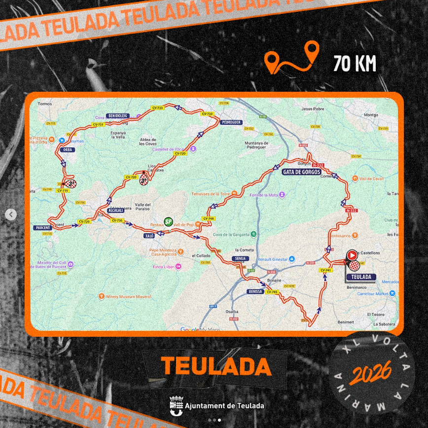 🔥🚴‍♂️ ¡POR FIN DESVELAMOS EL RECORRIDO! La XL #VoltaLaMarina2026 arranca fuerte con la Etapa 1: Teulada 🏁

📅 11 de enero | 70 km explosivos
⛰️ Doble puerto + ⚡ 2 metas volantes
💥 Espectáculo garantizado en la Marina Alta

¿Quién será el primer líder? 👀🏆