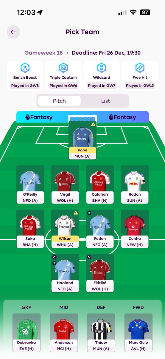 vedranilkic's tweet photo. @BigManBakar Any tips here? Done Fernandes -> Cunha and Thiago -> Eketike already. https://t.co/I6wBRe25Ll