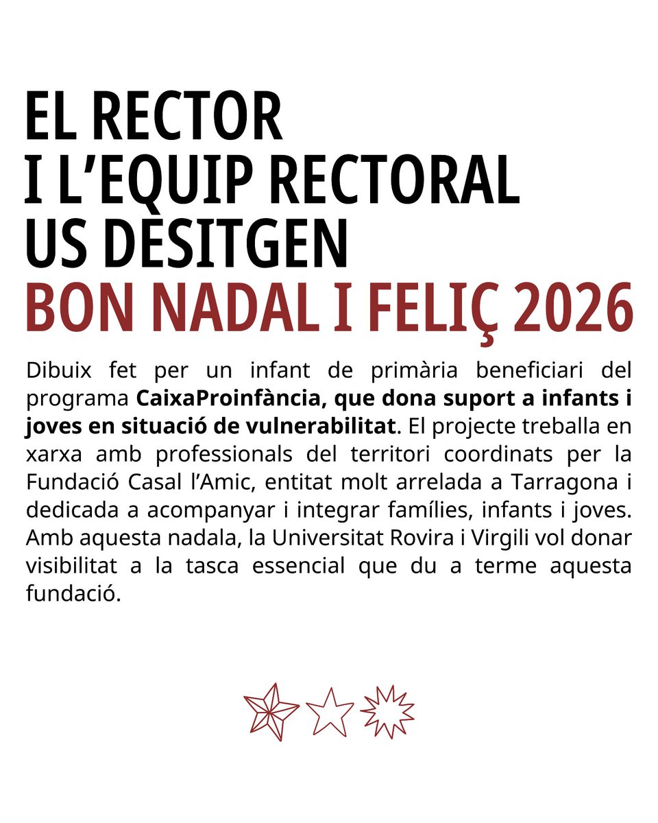 🎄Aquest dibuix l'ha fet un infant beneficiari del programa CaixaProinfància, que dona suport a infants i joves en situació de vulnerabilitat. Un projecte coordinat per la Fundació Casal l'Amic.

✨Amb aquesta nadala, la #URV vol donar visibilitat a la tasca essencial d'aquesta