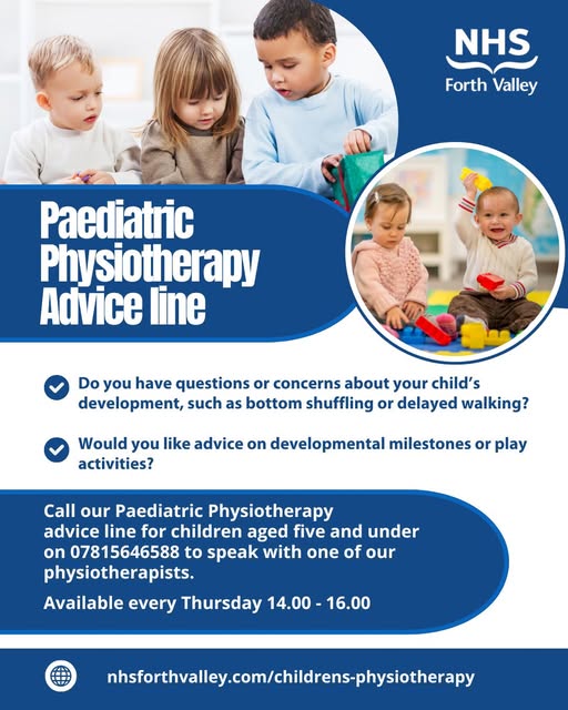 Our Children Physiotherapy Advice Line is open to anyone who has questions or concerns about a child's developmental milestones or mobility ⬇

📞07815646588
📅 Every Thursday 2pm - 4pm

🔗nhsforthvalley.com/childrens-phys…