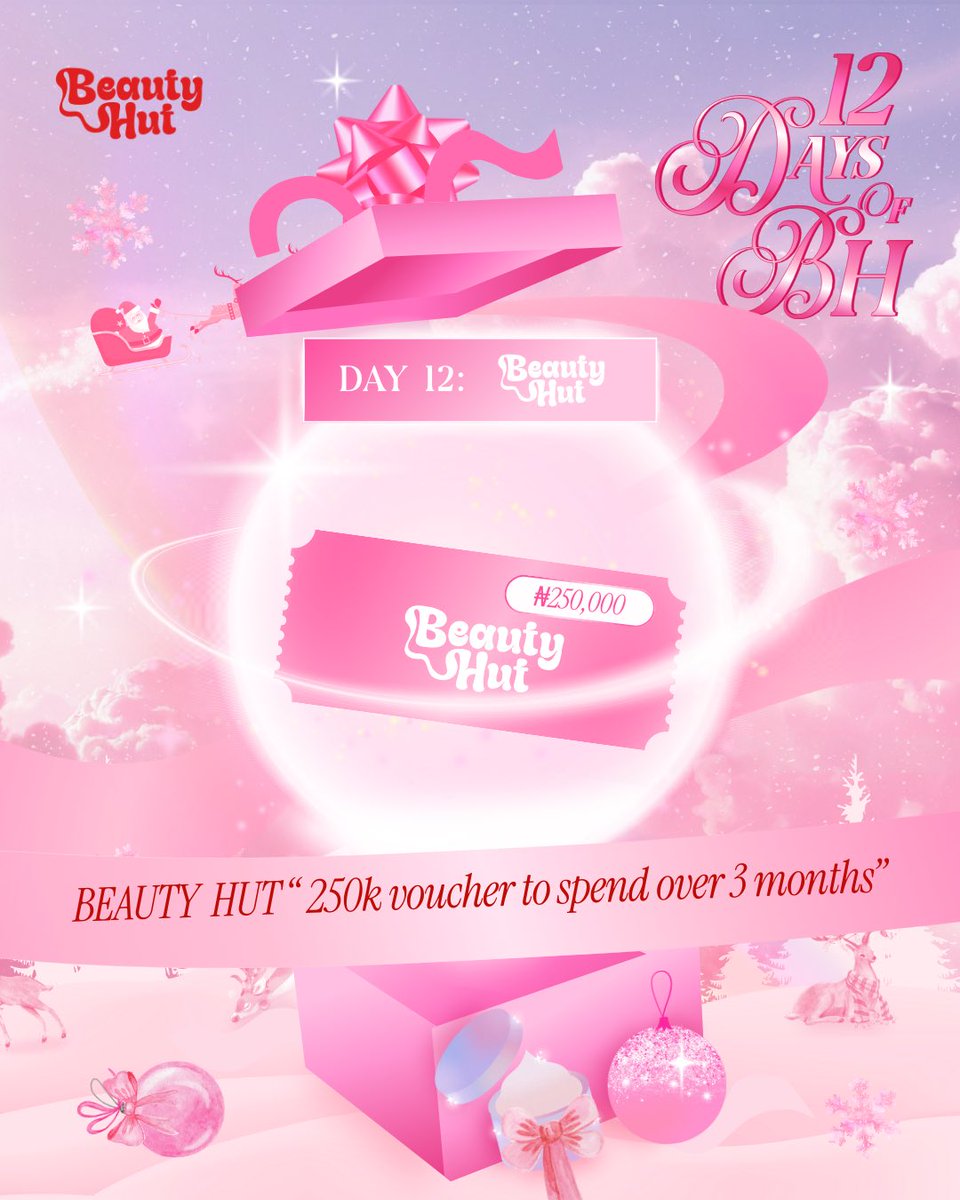 beautyhutafrica's tweet photo. On the last day of Christmas, Beauty Hut gave to me a N250k Beauty Hut Voucher to spend over three months.

To win tell us 5 reasons you like Beauty Hut and let us know what you’d buy with this voucher. Follow our Twitter account, like and retweet this post. https://t.co/x4lRfKHutd