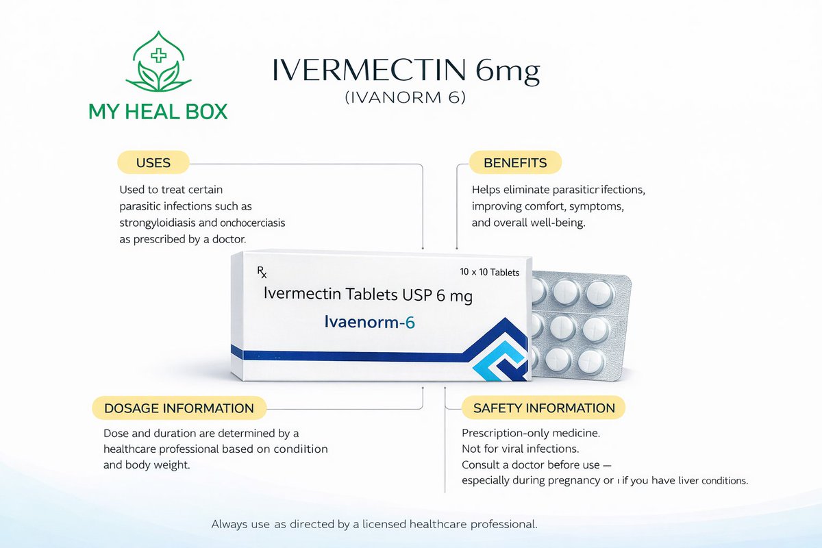 ElifHarkin1's tweet photo. Ivermectin 6 mg (Ivanorm-6)🌟https://t.co/4mT4TbDSGp
Used to treat certain parasitic infections🦠
Helps remove parasites, relieve symptoms, and support recovery 💪
Always take only as prescribed by your doctor👩‍⚕️
Not for viral infections🦠
#Ivermectin #Ivanorm6 #Health #MyHealBox https://t.co/mFdT0lpqOF