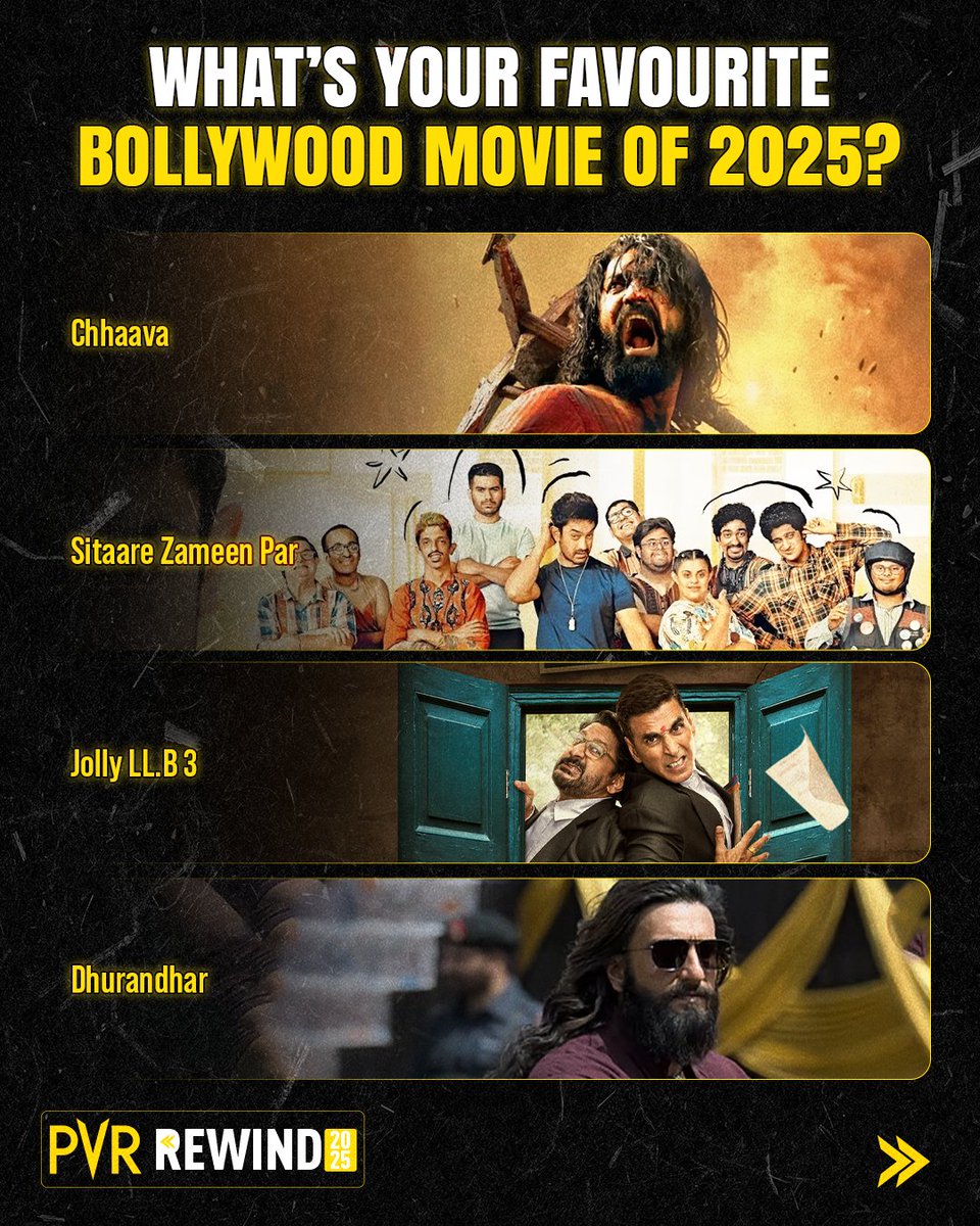 _PVRCinemas's tweet image. Bollywood gave us some amazing bangers in 2025! 💯🔥
Pick your favourite in the comments.
.
.
.
#PVRRewind #PVRRewind2025 #BollywoodMovie #Chhaava #SitaareZameenPar #JollyLLB3 #Dhurandhar #Housefull5 #Saiyaara #Raid2 #KesariChapter2TheUntoldStoryOfJallianwalaBagh