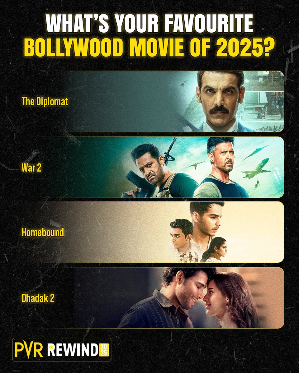 _PVRCinemas's tweet image. Bollywood gave us some amazing bangers in 2025! 💯🔥
Pick your favourite in the comments.
.
.
.
#PVRRewind #PVRRewind2025 #BollywoodMovie #Chhaava #SitaareZameenPar #JollyLLB3 #Dhurandhar #Housefull5 #Saiyaara #Raid2 #KesariChapter2TheUntoldStoryOfJallianwalaBagh