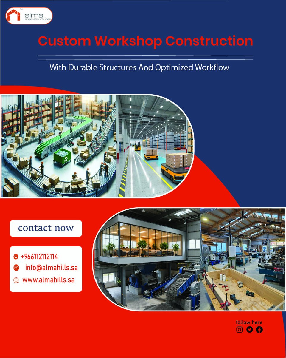 Alma__Steel's tweet image. Build smarter with Custom Workshop Construction featuring durable structures and optimized workflow. Alma Hills creates efficient, safe workshops built to last. Start Your Project Today
🌐 almahills.sa

#AlmaHills #CustomWorkshop #DurableConstruction