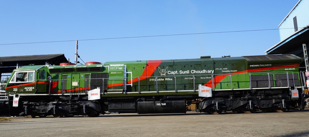 RailMinIndia's tweet photo. A lasting tribute to exemplary bravery!

Honouring a legacy of courage, NFR pays homage to Captain Sunil Kumar Choudhary, Sena Medal &amp; Kirti Chakra (Posthumous) awardee, by naming a WDP4B locomotive at Siliguri Diesel Loco Shed, West Bengal, in his honour. https://t.co/j1V3vGk0KO