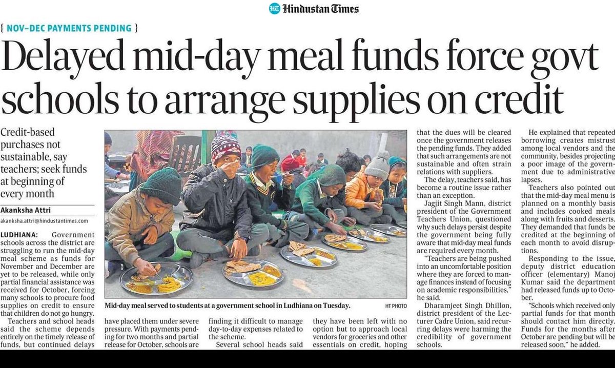 BJP4Chandigarh's tweet photo. When a government cannot even ensure food for school children, it has failed in its most basic duty.
In Punjab, mid-day meal funds for November and December are still unpaid, forcing government schools to buy food on credit so that poor children don’t go hungry — even after the AAP government has already received funds from the Central Government.

Vendors aren’t being paid. Schools are under pressure. Teachers are being forced to manage finances instead of education.
And at the same time, the AAP government keeps spending crores on advertising about so-called “good governance”.

If children’s meals are running on credit despite receiving central funds, what kind of governance is this?
This isn’t mismanagement — this is criminal negligence towards the poorest children who depend on mid-day meals for nutrition.

AAP promised change.
Punjab got delay, disorder and zero accountability.

#AAPExposed #GovernanceFailure #MidDayMealCrisis #Punjab 
@BhagwantMann @AamAadmiParty