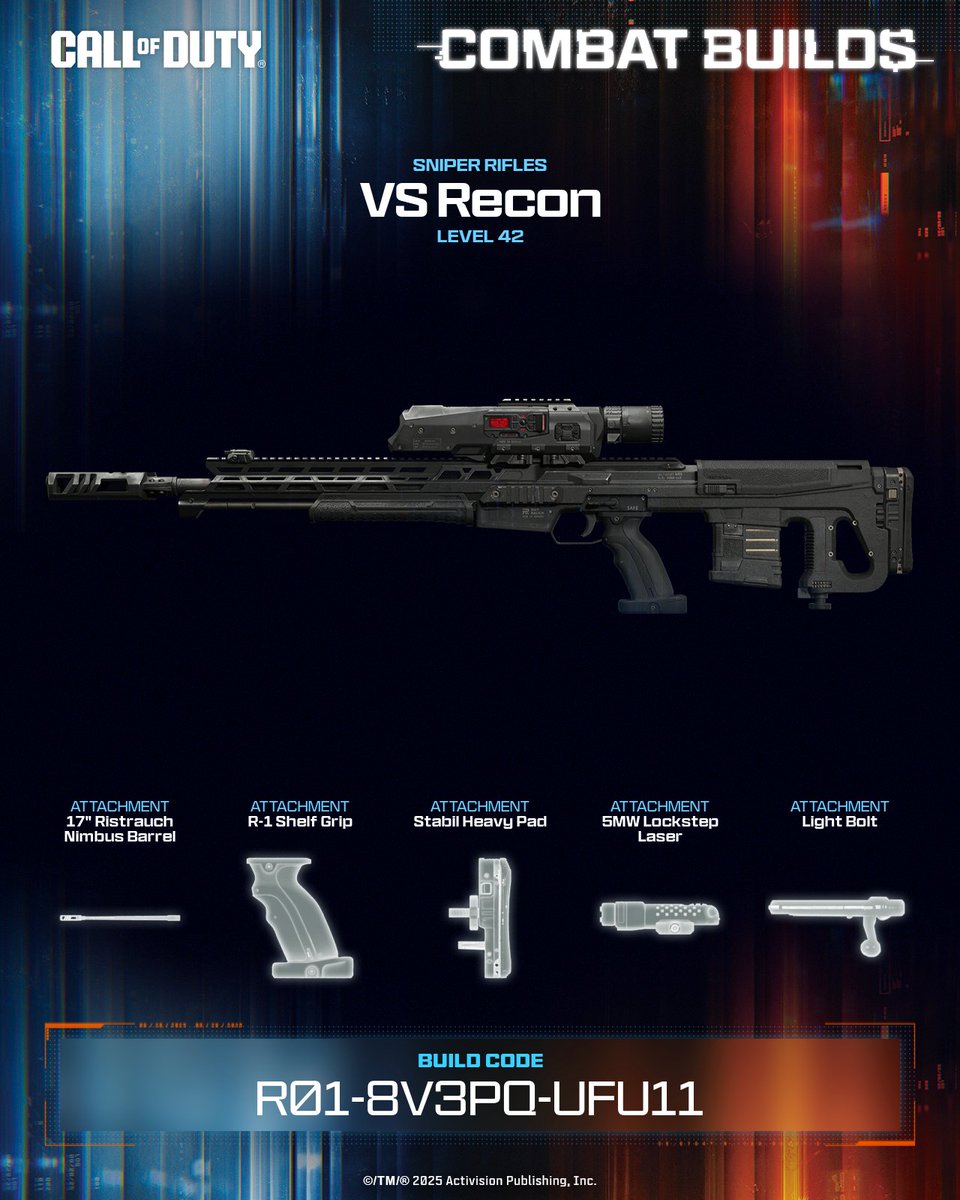 Patrick17189408's tweet photo. Built for the flick. Made for the clip.This VS Recon Sniper setup is pure quickscope energy with fast ADS, crisp shot timing, and zero patience required 🎥💥 

💥 Equip this build now ➡️ R01-8V3PQ-UFU11 #CallOfDuty #CODCombatBuilds https://t.co/OjT4l7wcB8
