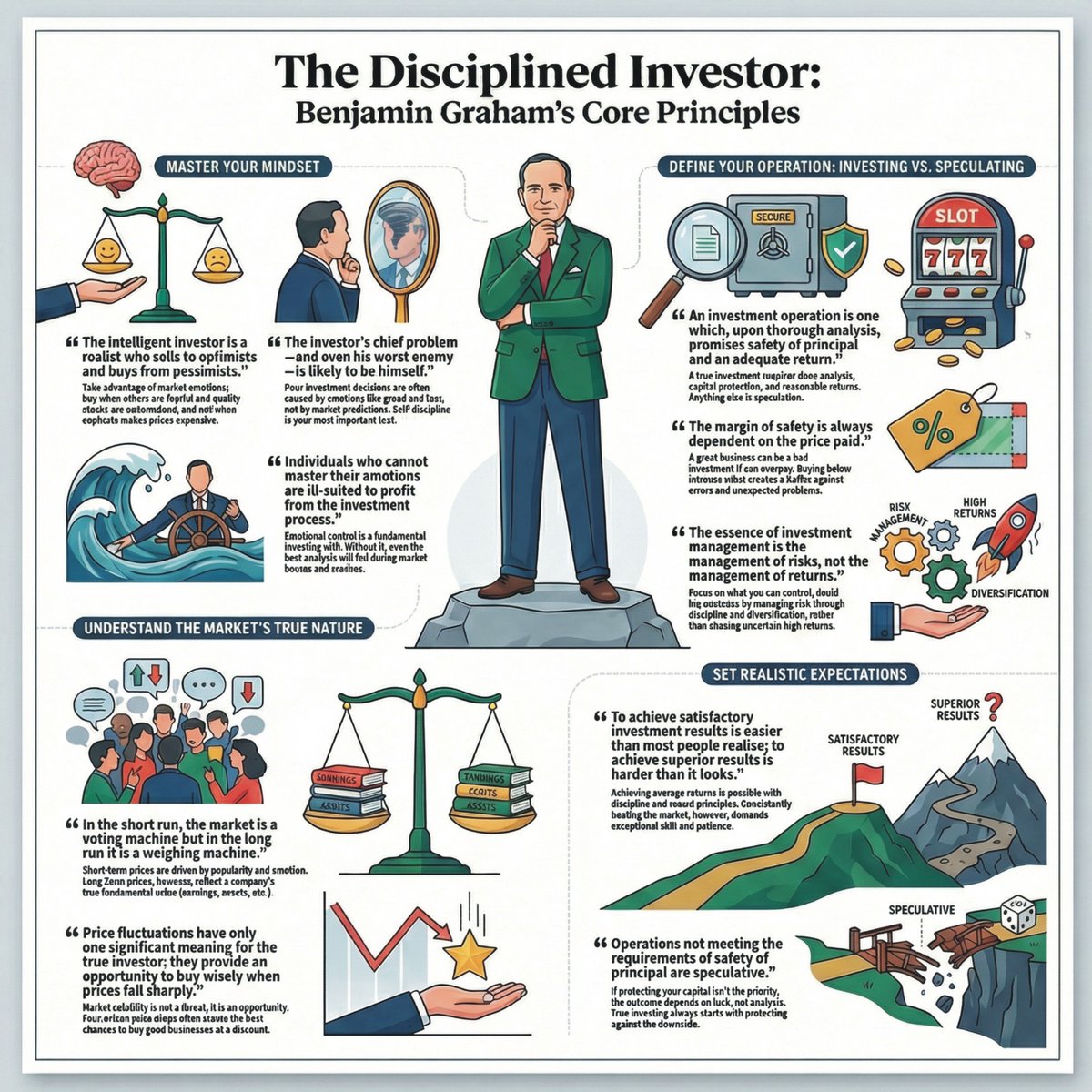 TechnoFunda6's tweet photo. 📘 Benjamin Graham’s Core Principles of Investing 📘

Master your mindset.
Invest with a margin of safety.
Focus on value, not market noise.
Protect capital first — returns come later.
Discipline beats prediction. Always. 📈

#BenjaminGraham #ValueInvesting #IntelligentInvestor https://t.co/VATQ672ygb