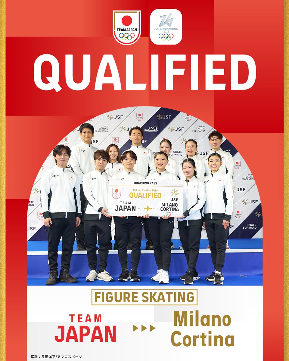 🇯🇵 𝙌𝙐𝘼𝙇𝙄𝙁𝙄𝙀𝘿 🇮🇹

ミラノ・コルティナ2026冬季オリンピック
TEAM JAPAN選手団に認定👏

【フィギュアスケート⛸️】
鍵山優真 選手
佐藤駿 選手
三浦佳生 選手
坂本花織 選手
中井亜美 選手
千葉百音 選手
長岡柚奈 選手／森口澄士 選手
三浦璃来 選手／木原龍一 選手
吉田唄菜