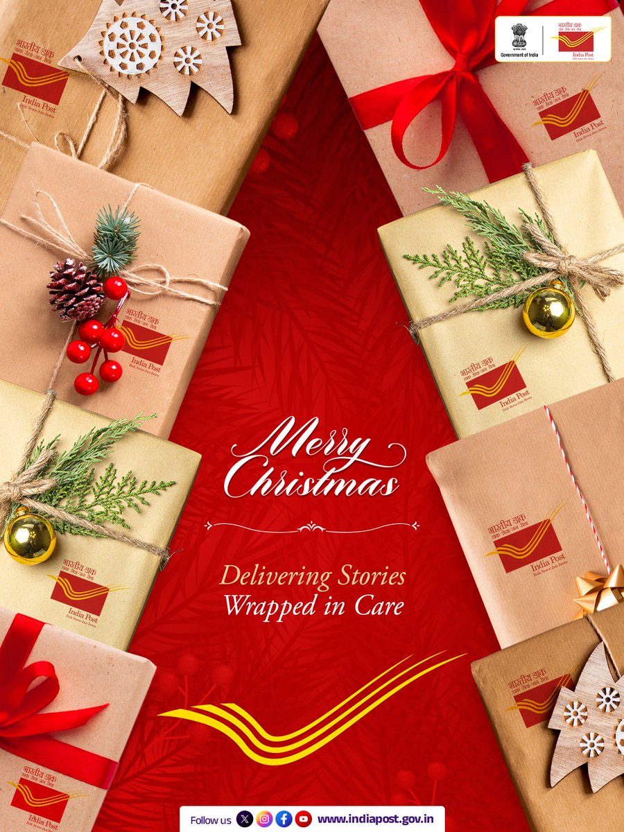 IndiaPostOffice's tweet photo. Every Christmas, happiness travels through our network — one letter, one parcel, one smile at a time.
Wishing you a season filled with warmth and togetherness. Merry Christmas from India Post.
#Christmas #IndiaPost #DeliveredByIndiaPost #DakSewaJanSewa #RootsOfTrust #WingsOfProgress