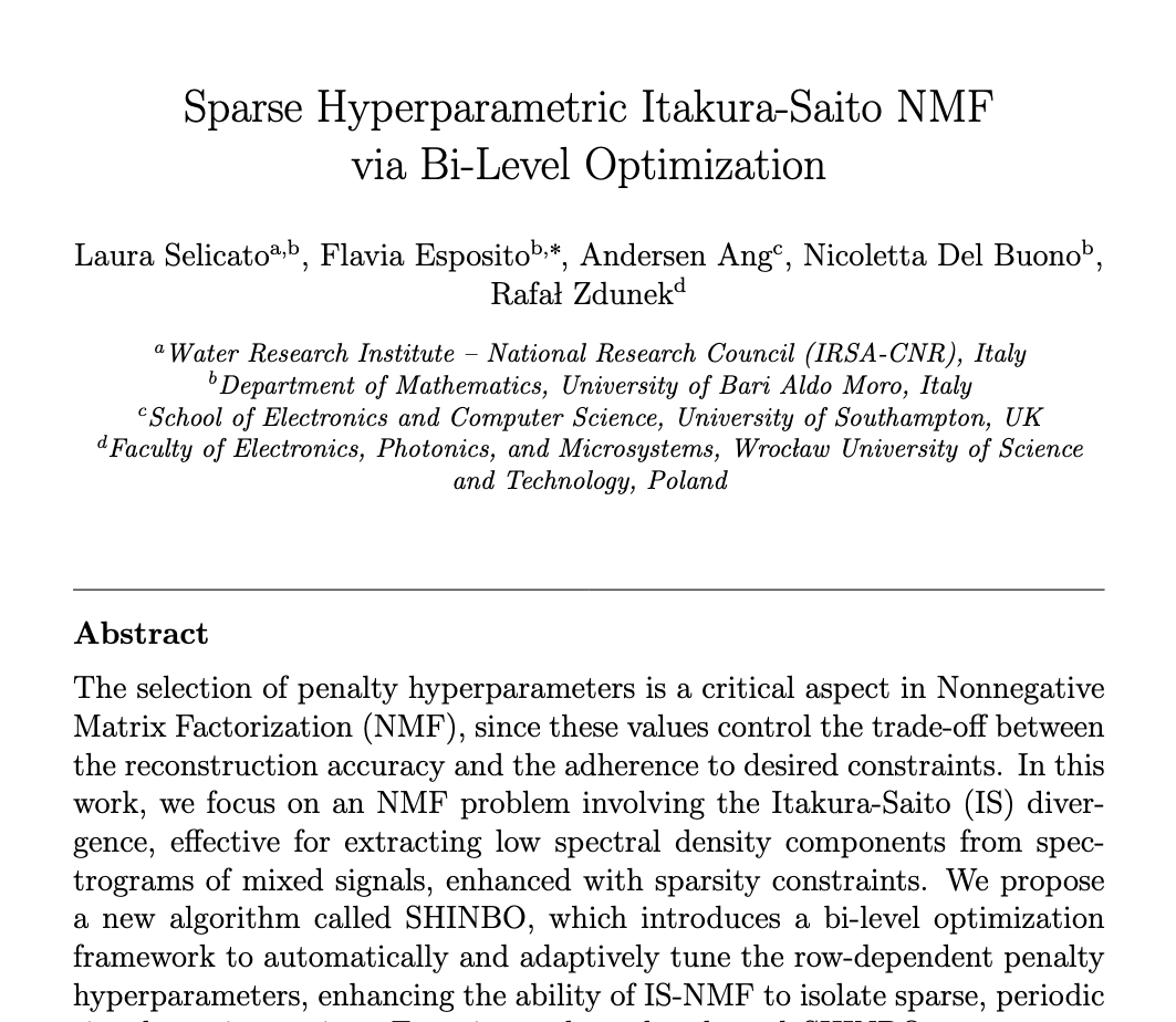 (Christmas gift to  myself?) Our paper "Sparse Hyperparametric Itakura-Saito Nonnegative  Matrix Factorization via Bi-Level Optimization" has been accepted by  Journal of Computational and Applied Mathematics

arXiv (to be update later)
arxiv.org/abs/2502.17123