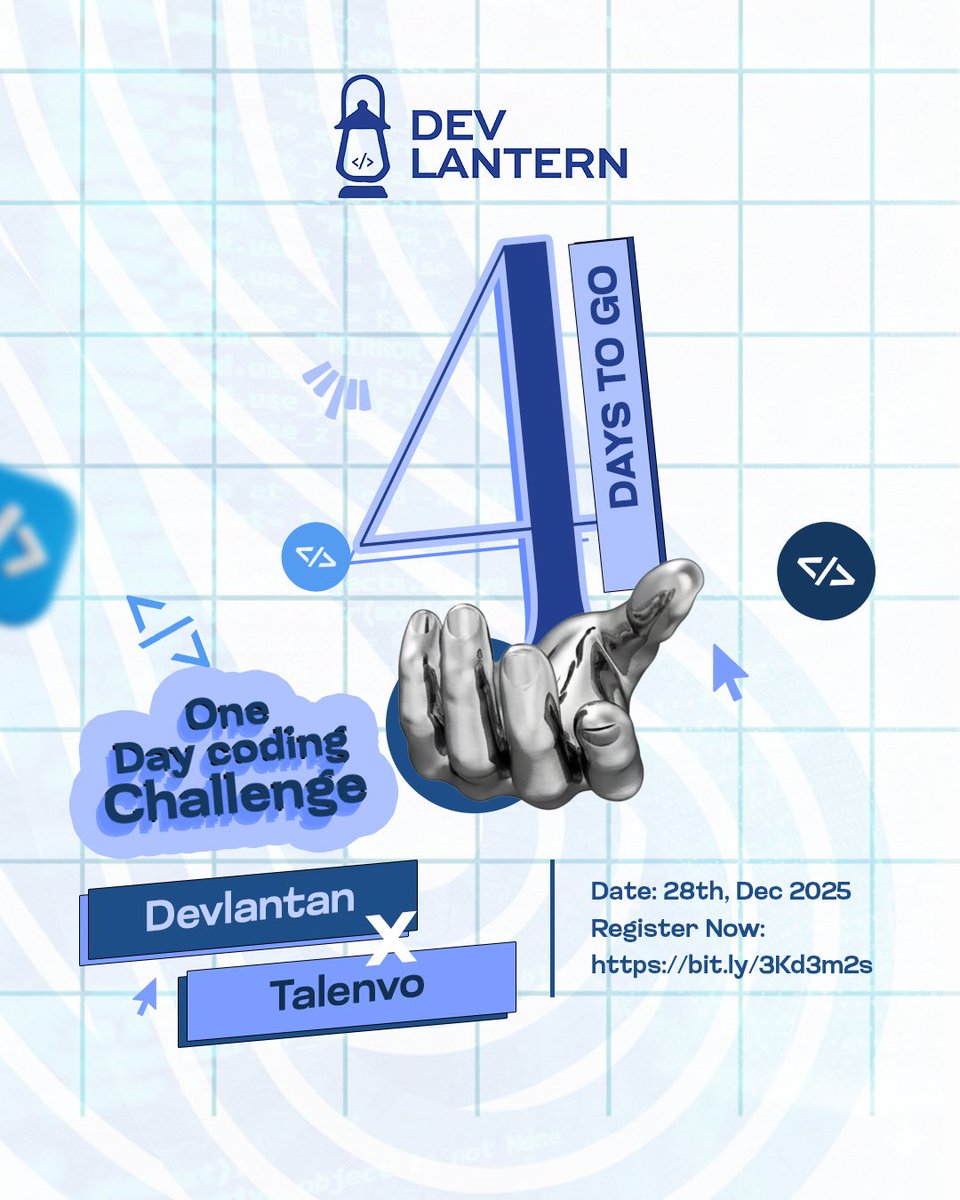 It's just 4days to this virtual #CodeChallenge by  <a href="/dev_lantern/">Dev Lantern Community</a> in collaboration with @talenvohq

Are you just starting out in #tech 
Or a #techpro? Save your spot now: bit.ly/3Kd3m2s

-Cash Prizes
-Mentorship &amp; Collaboration
-Access to top industry leaders