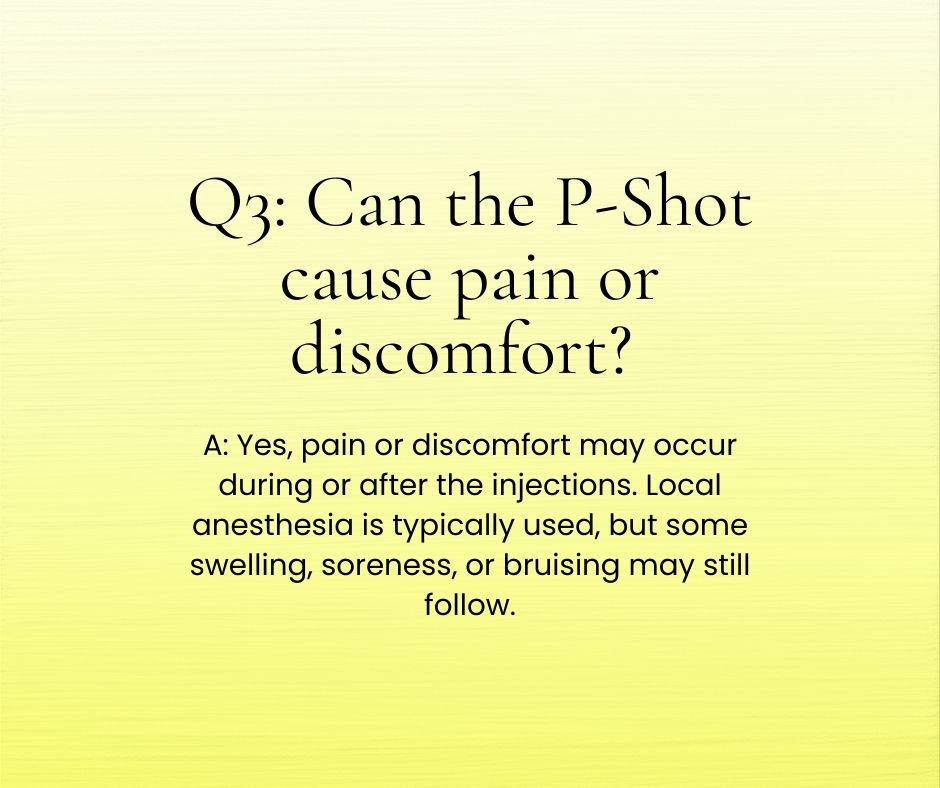 getbigpenissize's tweet photo. Q3: Can the P-Shot cause pain or discomfort?
A: Yes, pain or discomfort may occur during or after the injections. Local anesthesia is typically used, but some swelling, soreness, or bruising may still follow. https://t.co/cHkYqlsA7T