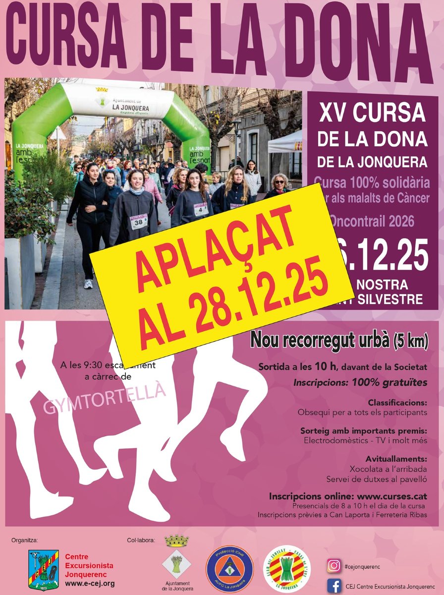 🏃‍♀️ XV Cursa de la Dona de la Jonquera📢 NOVA DATA

📅<a href="/cejonquerenc/">Centre Excursionista Jonquerenc</a> informa que la cursa se celebrarà dissabte 28 de desembre
▶️Sortida a les 10 h
📝Inscripcions gratuïtes👉 Inscripcions online f.mtr.cool/xctumqkhfo i presencials el dia de la cursa

#LaJonquera