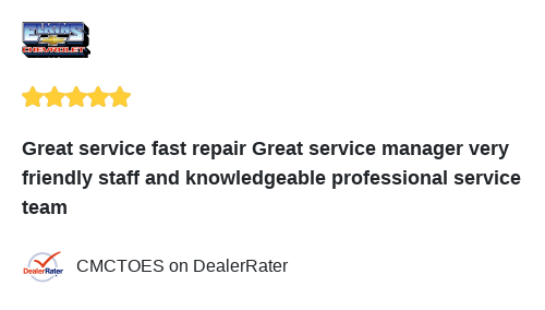 elkinschevy's tweet photo. We just received a great review on DealerRater. Thank you CMCTOES! https://t.co/WXbhtnXfmY