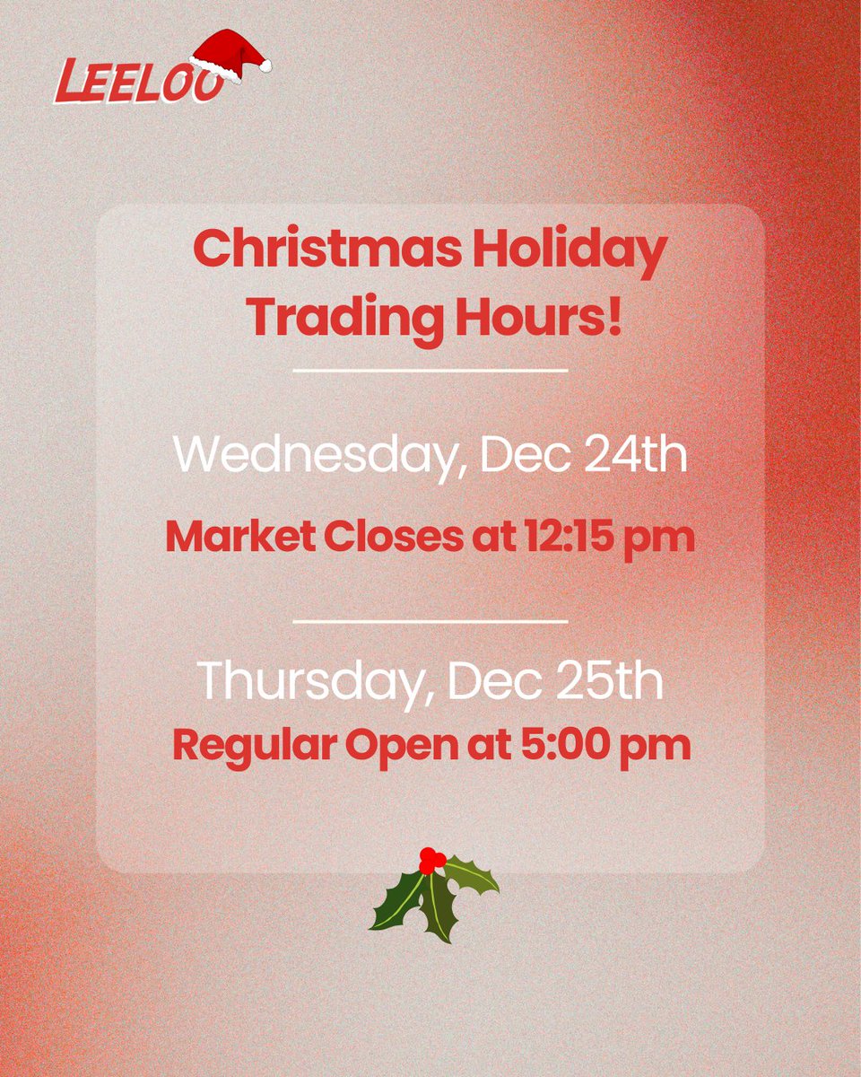 🎄Christmas Holiday Trading Hours!🎄

Dec 24th: Market closes at 12:15 PM
Dec 25th: Regular open at 5 PM

Trade safely and Happy holidays!

All times are listed in US Central Time (CT).