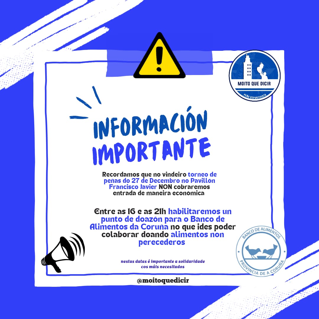Aproveitando o torneo de peñas que xogaremos...

TEREMOS UN PUNTO DE DOAZÓN PARA O BANCO DE ALIMENTOS 🙌

📍PABELLÓN FRANCISCO JAVIER
📆 27 de Decembro, Sábado 
🎟️ Entrada gratuita, cunha doación chega

Poderedes vir a deixar o que queirades independentemente do torneo

GRAZAS 💙