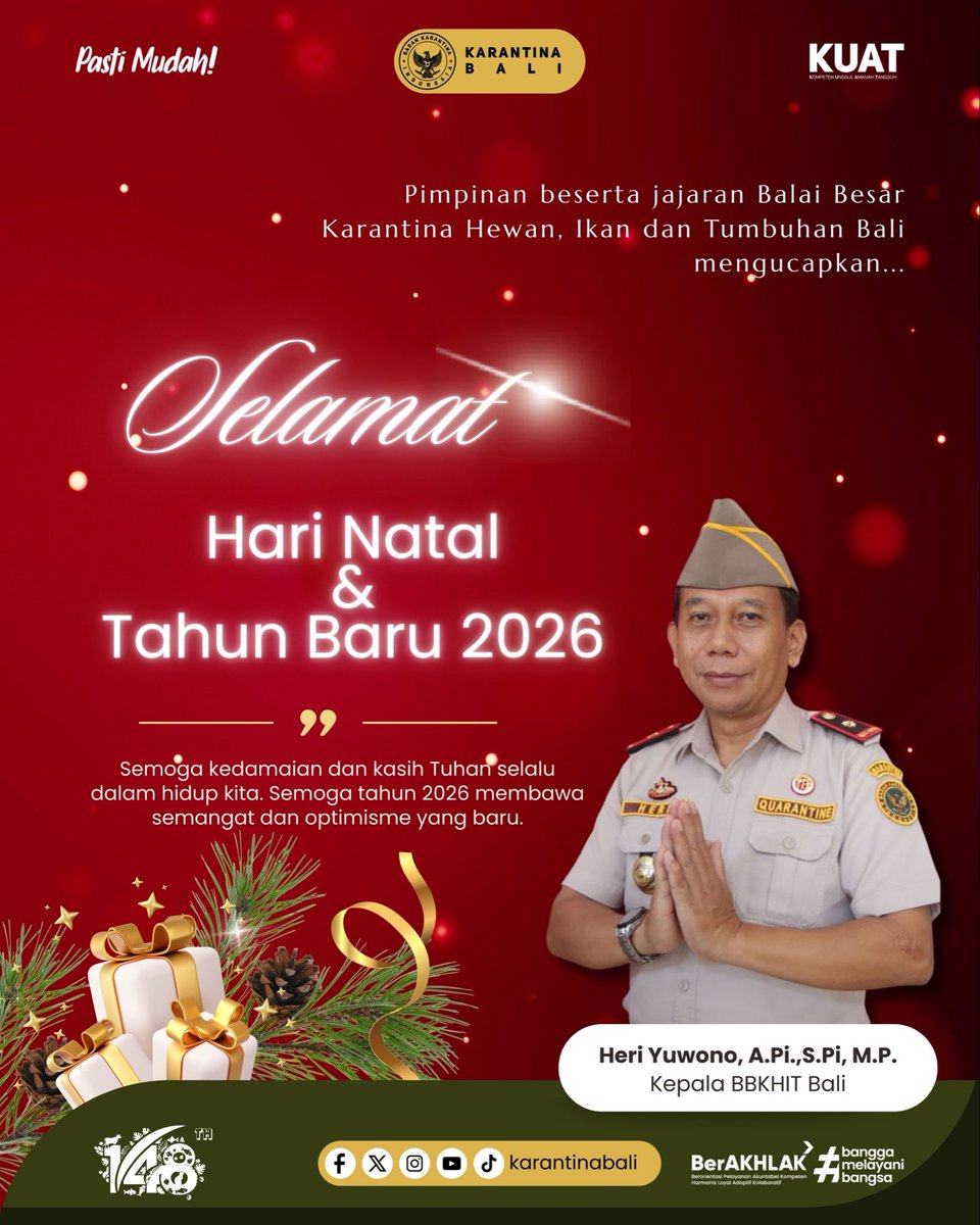 Pimpinan beserta jajaran Balai Besar Karantina Hewan, Ikan dan Tumbuhan Bali, mengucapkan 

Selamat Natal 2025 dan Tahun Baru 2026
Semoga kedamaian dan kasih Tuhan selalu dalam hidup kita. 
Semoga tahun 2026 membawa semangat dan optimisme yang baru

#barantin 
#KarantinaBali