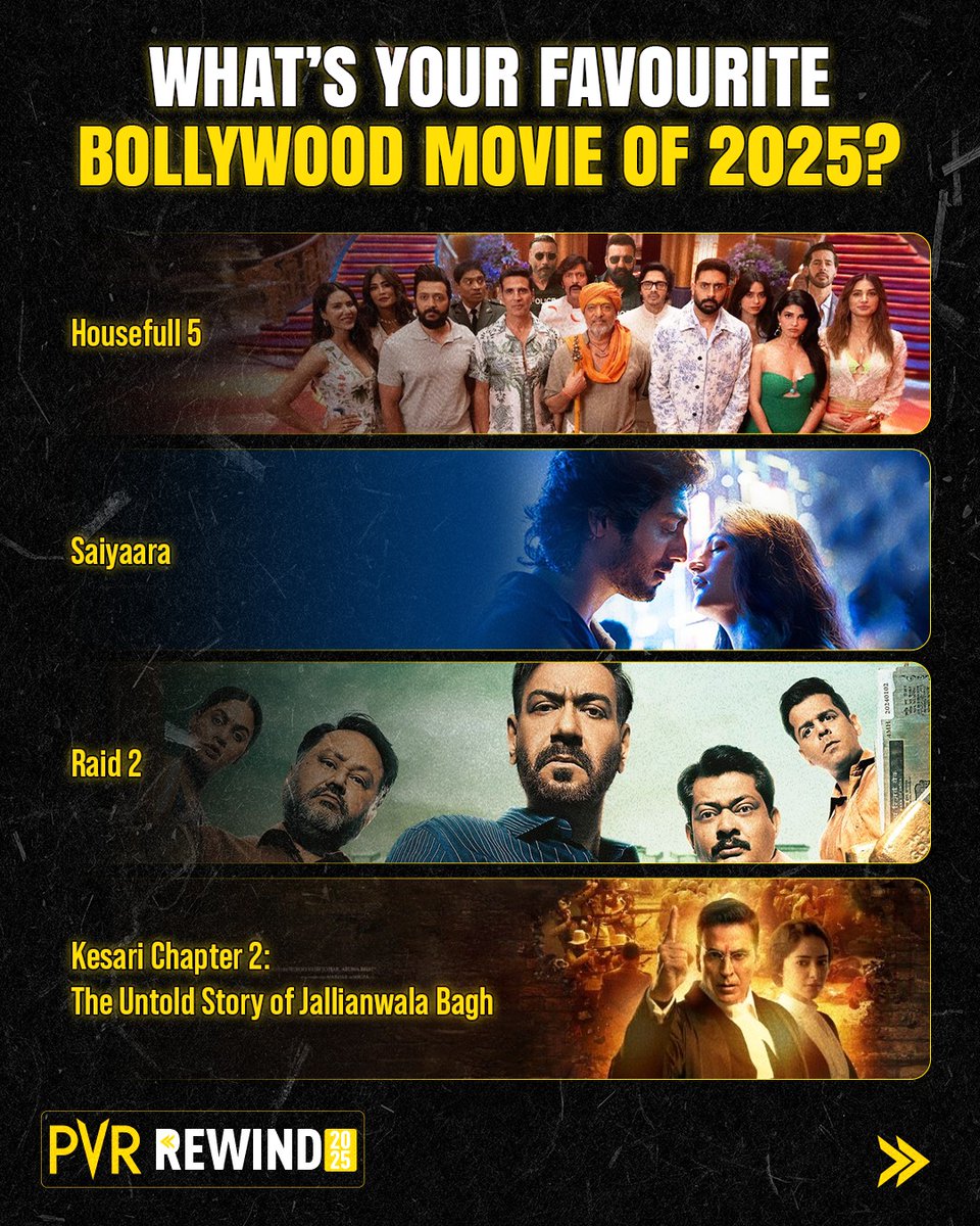 INOXMovies's tweet image. Bollywood gave us some amazing bangers in 2025! 💯🔥
Pick your favourite in the comments.
.
.
.
#PVRRewind #PVRRewind2025 #BollywoodMovie #Chhaava #SitaareZameenPar #JollyLLB3 #Dhurandhar #Housefull5 #Saiyaara #Raid2 #KesariChapter2TheUntoldStoryOfJallianwalaBagh