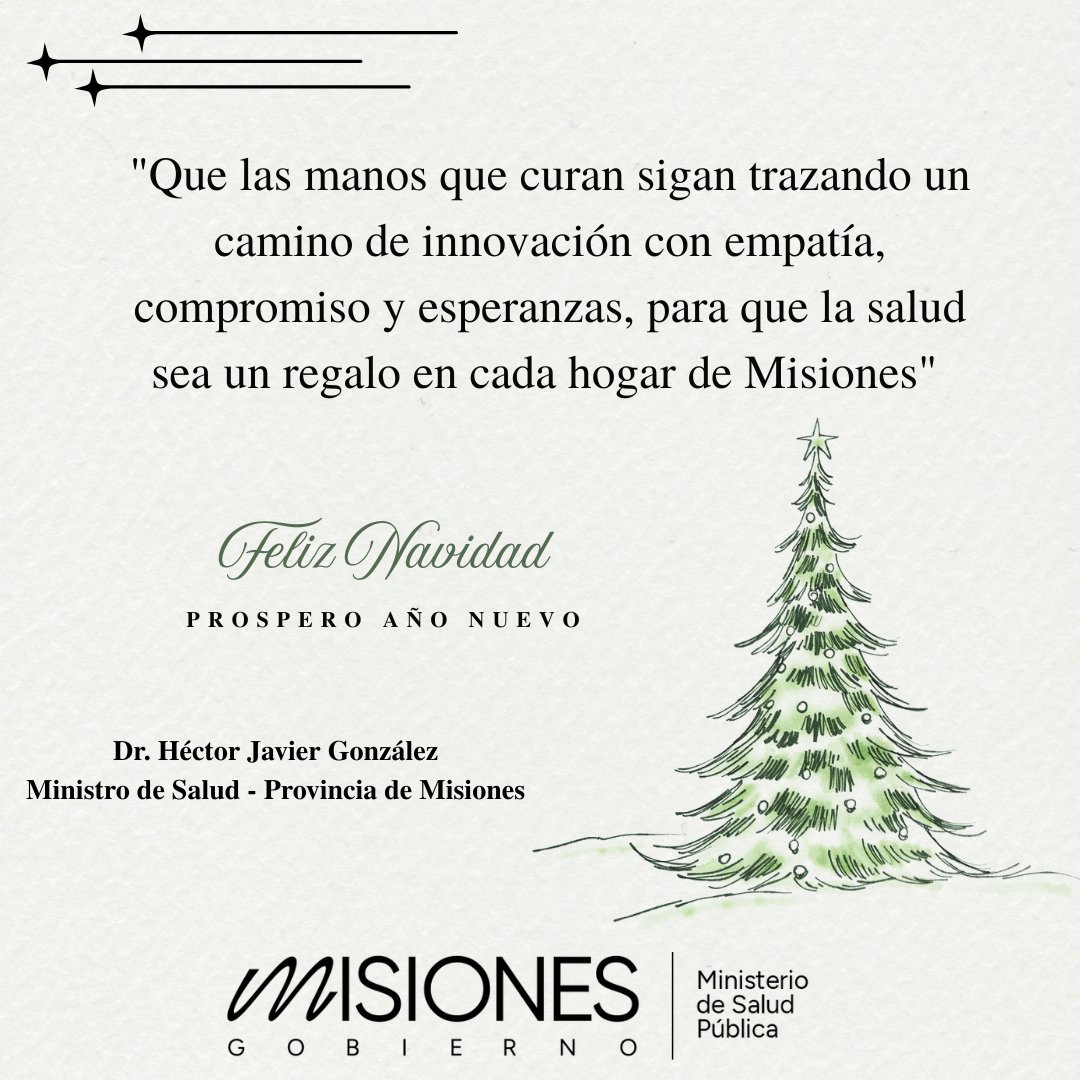 Mi mayor deseo para todo el pueblo misionero, es que estas fiestas estén cargadas de bendiciones y de unión familiar. 
Y que el mejor obsequio que podamos recibir, sea la salud.

¡Feliz Navidad y Feliz Año Nuevo!
@saludpublicamnes