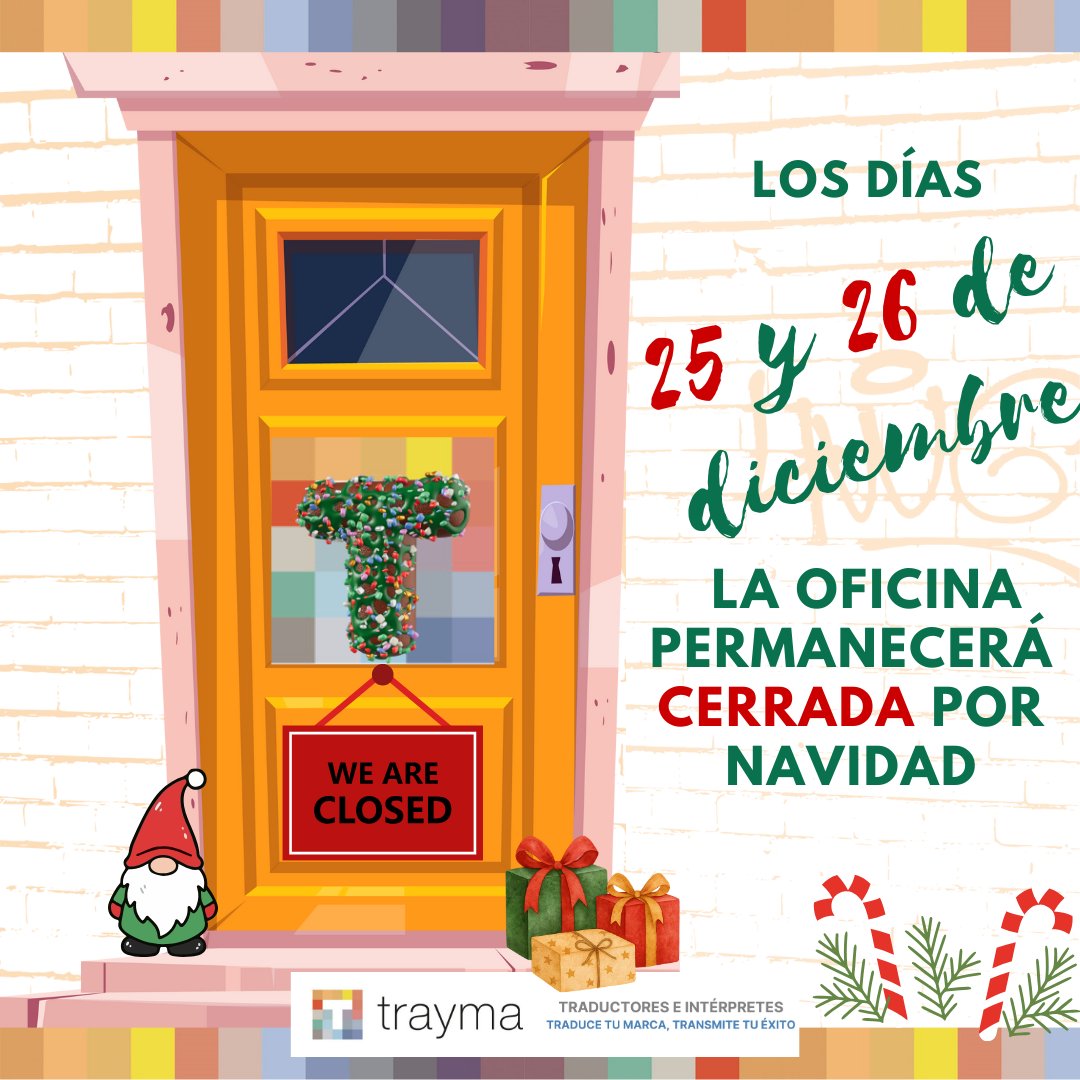 ✨ Os recordamos que los días 25 y 26 de diciembre nuestra oficina permanecerá cerrada.
Volvemos a estar con vosotros el día 29 de diciembre.
¡Felices fiestas! 🎄