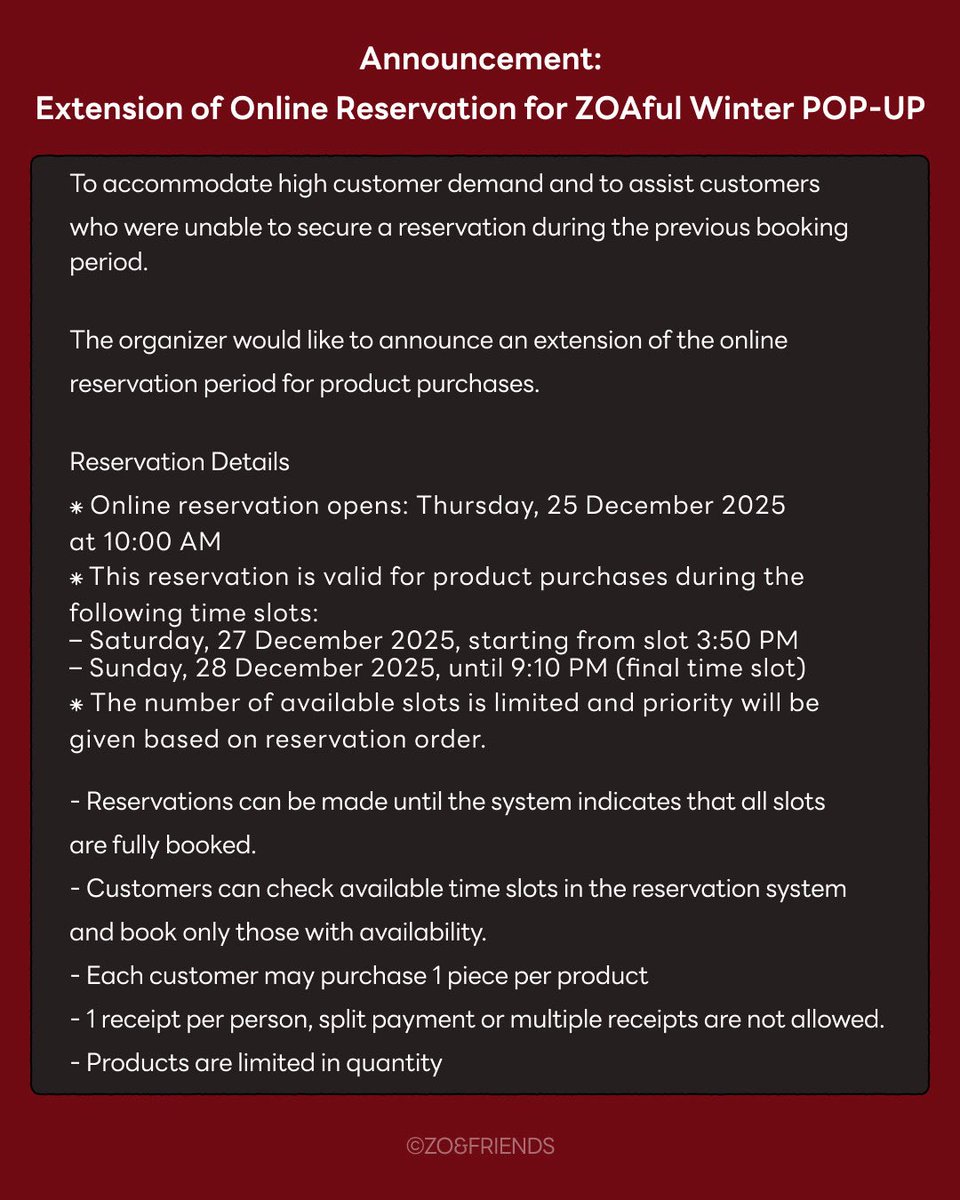 📢 ประกาศขยายเวลาการจองคิวออนไลน์ ZOAful Winter POP-UP

📌เพื่อรองรับความต้องการของลูกค้าจำนวนมากและอำนวยความสะดวกแก่ลูกค้าที่ไม่สามารถจองคิวได้ภายในรอบก่อนหน้า

ทางผู้จัดงานขอแจ้งขยายระยะเวลาการจองคิวออนไลน์สำหรับเข้าซื้อสินค้า รายละเอียดดังนี้

รายละเอียดการจองคิว
•