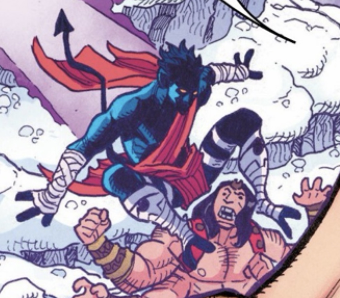 proxy616's tweet image. #xspoilers Very disappointing turnout for Nightcrawler fans in the winter special. Nothing but background, didn’t even make it into the stories x-men group shot. Look at him, all dressed down and nothing to show for it.