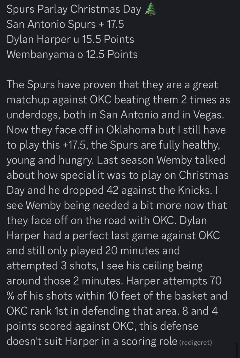 🏀 Spurs Parlay Christmas Day 🎄
San Antonio Spurs + 17.5 
Dylan Harper u 15.5 Points
Victor Wembanyama o 12.5 Points
📊 1.80 (-125) Bet365
📅 Spurs @ Thunder

Celebrating the Spurs W last night with a parlay for the highly anticipated game tomorrow 

#NBA #GamblingX ⤵️⤵️⤵️
