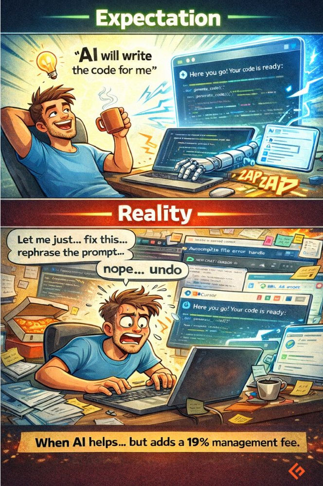 meetushathegeek's tweet photo. A recent study (https://t.co/C3cCAxiOmU) found that developers using AI coding tools like Cursor AI took ~19% longer to finish tasks. 

Thanks to prompting, reviewing, undoing, re-prompting. 

AI isn’t the bottleneck. Managing AI is. 

#vibecoding  #GenerativeAI #development https://t.co/6KLBlfSgPr