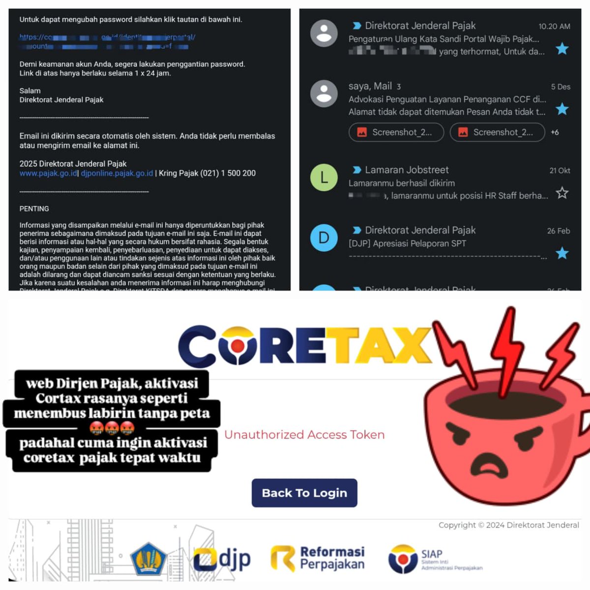 Onieth2's tweet photo. Email reset datang, token ditolak. Coretax error, wajib pajak yang disalahkan. Digitalisasi terasa seperti ujian kesabaran, bukan pelayanan.

#CoretaxError
#PajakDipermudahKatanya https://t.co/SlUDO5ijnu