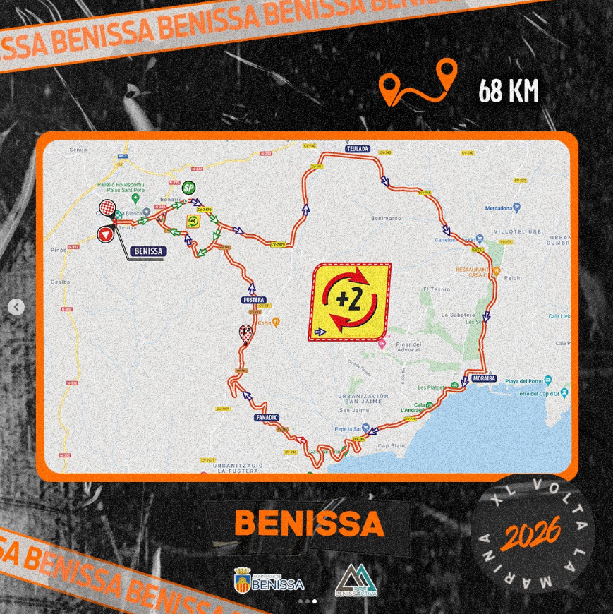 🔥🏁 ¡ETAPA 4: BENISSA, PURO DESAFÍO! La XL #VoltaLaMarina2026 llega a la costa 🚴‍♂️🌊

📅 21 de febrero | 68 km de intensidad máxima
⛰️ 2 PM 1ª categoría (Alto Fuster)
⚡ 2 metas volantes + 🔄 circuito clave

💥 Belleza y dureza combinadas… ¿quién se coronará en Benissa? 🏆