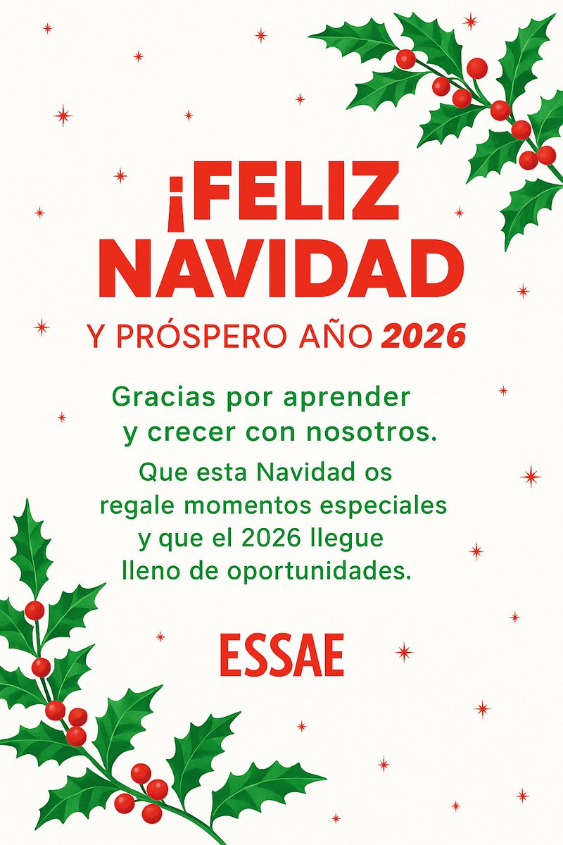 🎄 ¡Feliz Navidad!

Gracias a todas las personas que formáis parte de ESSAE.

Que estas fiestas se llenen de momentos inolvidables y que el 2026 nos traiga nuevas oportunidades para seguir creciendo juntos. ✨