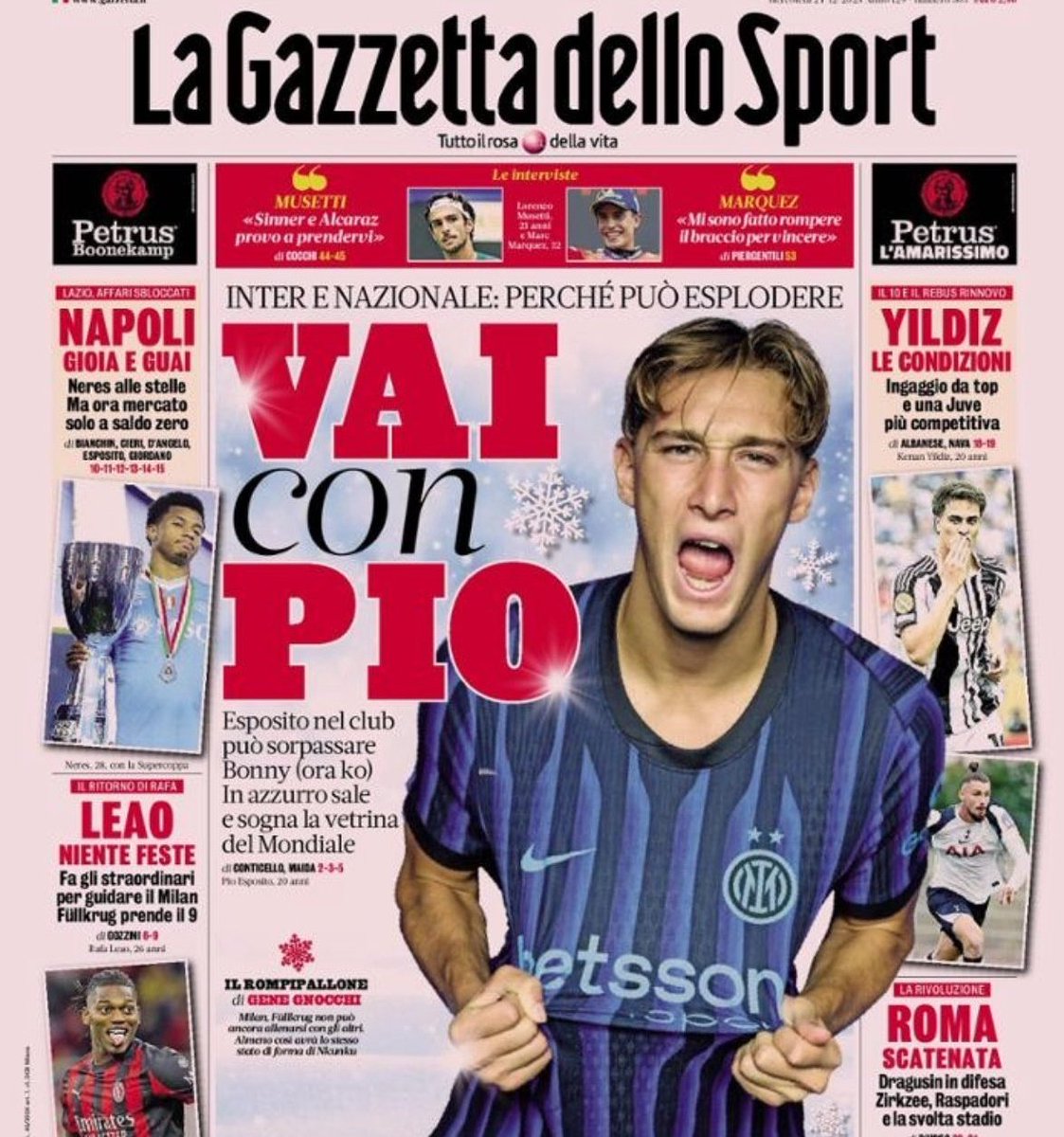 "Direttore, è Natale, e nel 2025 non abbiamo vinto un cazzo"

"Non sia preoccupi Presidente: 
Napoli GUAI, Milan NIENTE FESTE, Juve REBUS, e vai con PIOOOO!"