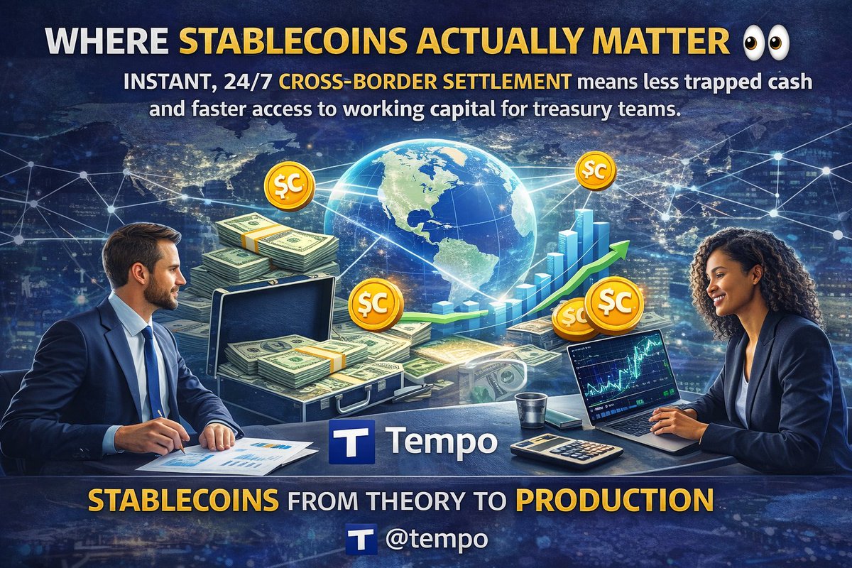 This is where stablecoins actually matter 👀

Instant, 24/7, cross-border settlement means less trapped cash and faster access to working capital for treasury teams.

<a href="/tempo/">Tempo</a> is clearly building for real finance — not speculation.

This is how stablecoins move from theory to