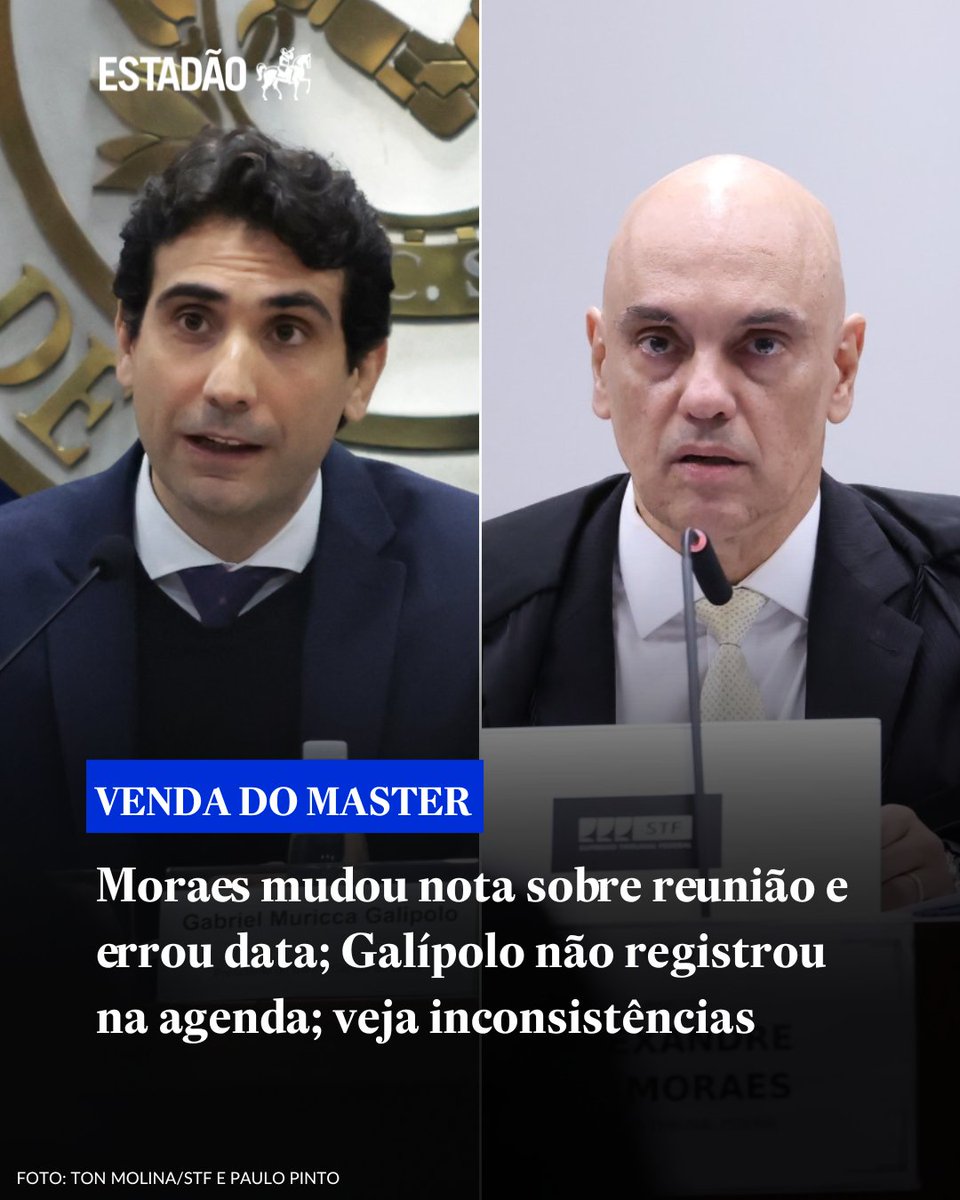 Estadao's tweet image. Venda do Banco Master | Moraes mudou nota sobre reunião e errou data; Galípolo não registrou na agenda; veja inconsistências 🔗 bit.ly/4saXmZF

Procurado para informar a razão para não divulgar agenda, o BC não se manifestou