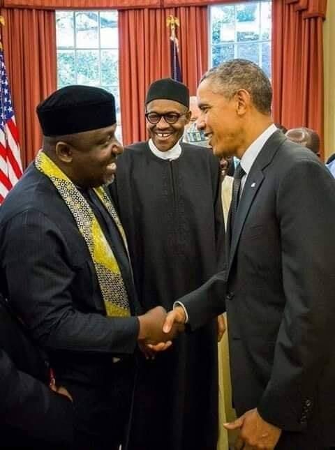Imo State Governor, Anayo E. Rochas Okorocha, greets President Barack Obama of the United States as President Muhammadu Buhari looks on, Washington D.C., July 2015. #HistoryVille