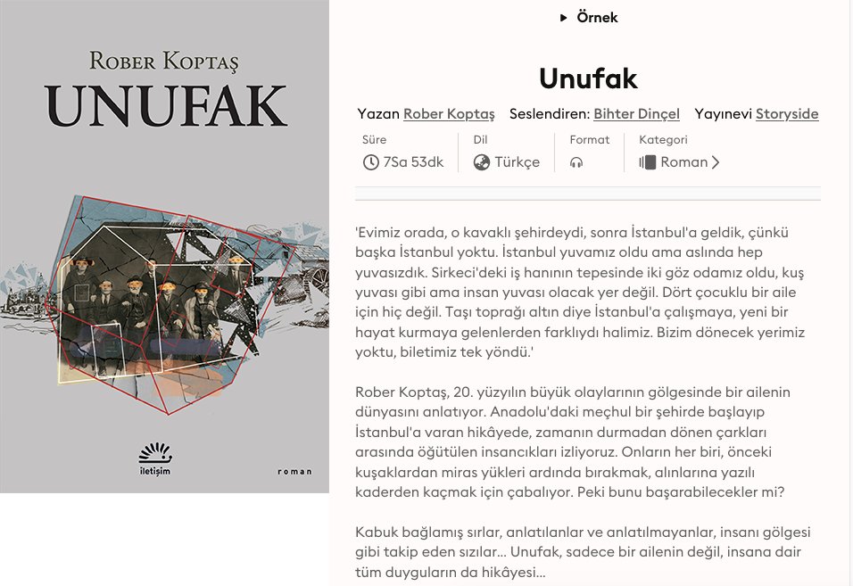 unufak bugün sesli kitap olarak yayınlandı. ben hiç sesli kitap dinlemedim ama insanın yazdığı şeyi farklı bir medyumda başka bir ürün olarak görmesi her zaman şaşırtıcı, sürprizli oluyor. sesli kitap dinleyenler dilerim severler. çok değerli <a href="/BihterOzdmrDncl/">Bihter Dinçel</a> metni günlerce