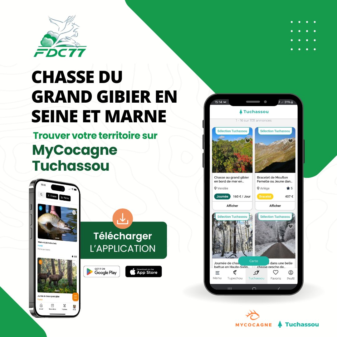 🦌 Envie de chasser le grand gibier en Seine-et-Marne ?  
Grâce à MyCocagne et Tuchassou, trouvez facilement un territoire pour une journée ou un week-end !  

👉 cocagne.fr | tuchassou.fr  
#Chasse #GrandGibier #FDC77 #SeineEtMarne #Découverte
