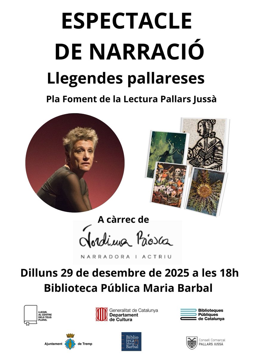 Llegendes pallareses
🗓️Dilluns, 29 de desembre de 2025
 🕕18:00

A càrrec de Jordina Biosca, readora, narradora, guionista i directora del 1998.

Forma part del Pla Comarcal de Lectura del Pallars Jussà <a href="/AjTremp/">Ajuntament de Tremp</a> <a href="/bibliotequescat/">Biblioteques</a> <a href="/bibliotequeslle/">Biblioteques Lleida</a> <a href="/cultura_cat/">Cultura</a> <a href="/ConsellJussa/">CC Pallars Jussà</a>