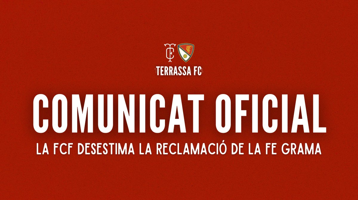 𝗢𝗙𝗜𝗖𝗜𝗔𝗟 ❗ La <a href="/FCF_CAT/">Federació Catalana de Futbol</a> desestima la reclamació presentada per la #FEGrama i dona la raó al <a href="/TerrassaFC/">Terrassa FC</a> 

👉 terrassafc.com/noticies/terra…

🙌 AMUNT #TERRASSA! 🙌