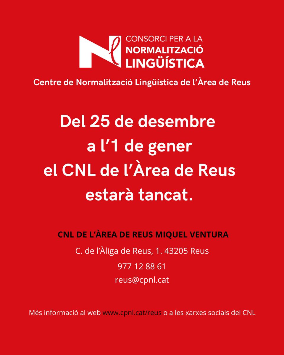 👋 Del 25 de desembre a l'1 de gener el CNL estarà tancat. Ens veiem el dia 2!

✨ Bones festes a tothom!