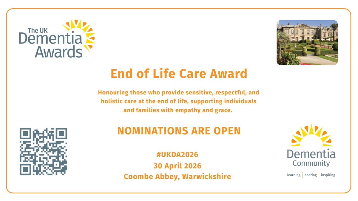 JDementiaCare's tweet image. Do you know of, or are providing, outstanding #EndOfLife care?

🏅Our End of Life Care Award honours those providing sensitive, respectful, and holistic care at the end of life🏅 

#Nominate for the UK Dementia Awards now ➡️  journalofdementiacare.co.uk/awards #dementia #awards